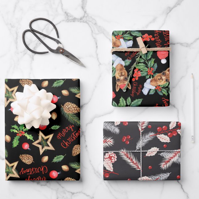 Merry Christmas Holly Red Fir Pine Cone Star Black Wrapping Paper Sheet (Front)