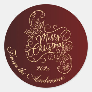 Merry Christmas Holly Red Greeting Holiday Classic Round Sticker