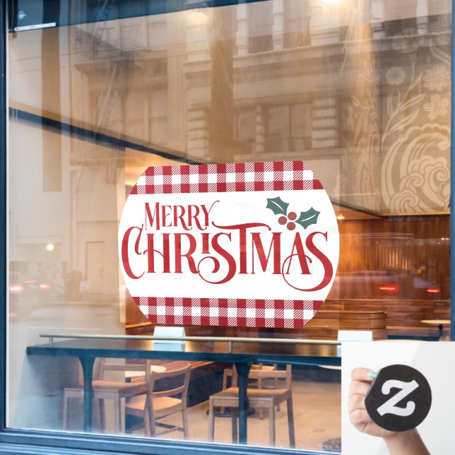 Merry Christmas Holly Red Plaid Restaurant  Window Cling (Cafe Window)