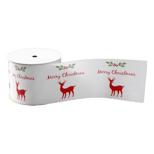 Merry Christmas Holly Reindeer Deer Festive White Grosgrain Ribbon