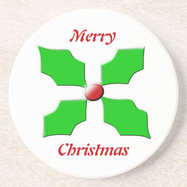 Merry Christmas Holly Sandstone Coasters (Front)