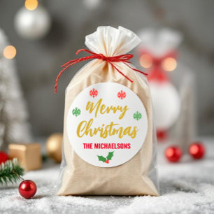 Merry Christmas Holly Snowflakes Family Name Classic Round Sticker