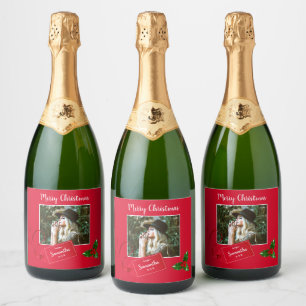 Merry Christmas  Holly Sprig - Custom Photo - Sparkling Wine Label
