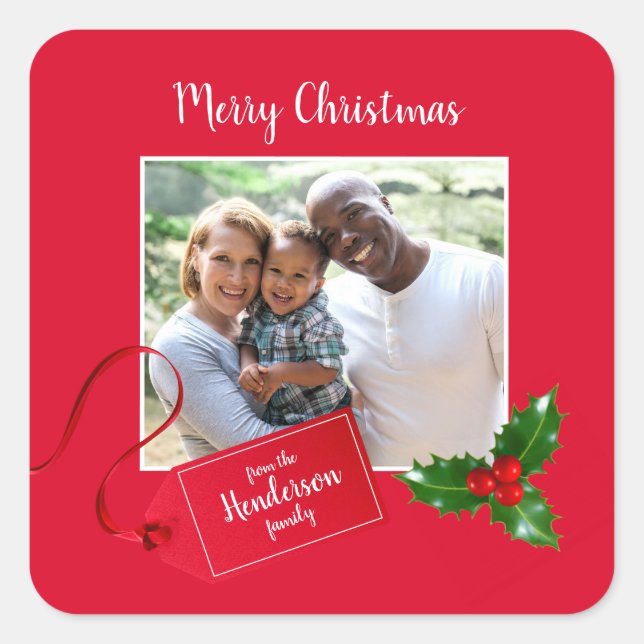 Merry Christmas  Holly Sprig - Custom Photo - Square Sticker (Front)