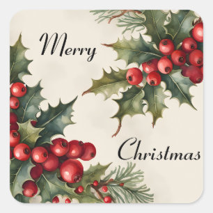 Merry Christmas Holly Sprigs Square Sticker