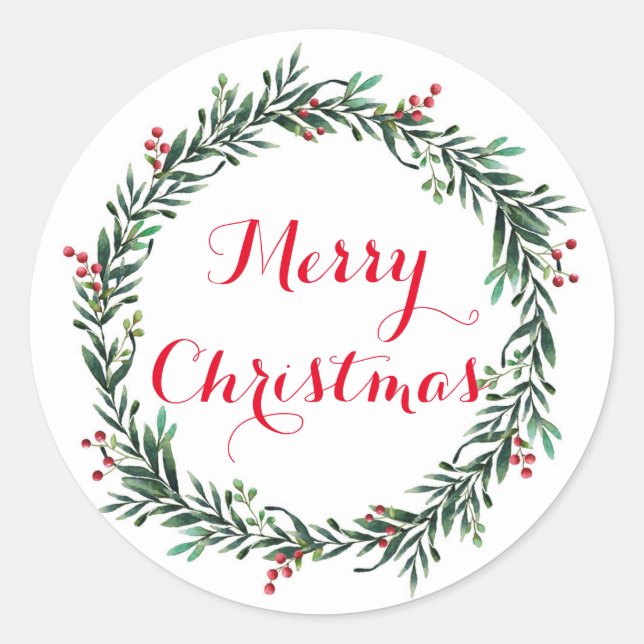Merry Christmas Holly Wreath Classic Round Sticker (Front)