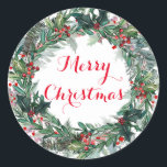 Merry Christmas Holly Wreath Classic Round Sticker<br><div class="desc">Merry Christmas  holly wreath stickers with script typography for your gift packages or greeting card envelope seals.</div>