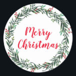 Merry Christmas Holly Wreath Classic Round Sticker<br><div class="desc">Merry Christmas  holly wreath stickers with script typography for your gift packages or greeting card envelope seals.</div>