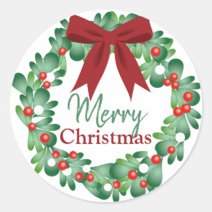 Merry Christmas Holly Wreath Classic Round Sticker