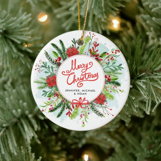 Merry Christmas Holly Wreath Photo Ceramic Tree Decoration (Tree)