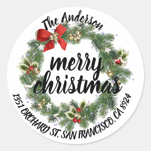 Merry Christmas Holly Wreath Return Address Classic Round Sticker (Front)