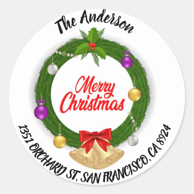 Merry Christmas Holly Wreath Return Address Classic Round Sticker (Front)