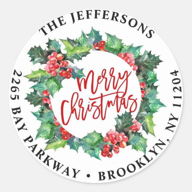 Merry Christmas Holly Wreath Return Address Labels (Front)