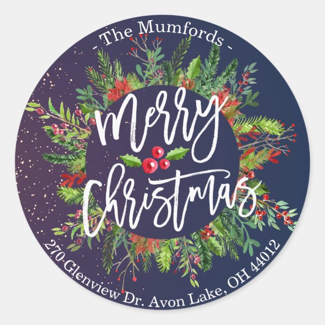 Merry Christmas Holly Wreath Return Address Labels (Front)