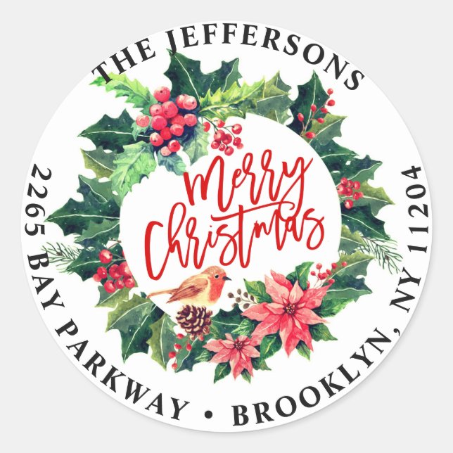 Merry Christmas Holly Wreath Return Address Labels (Front)