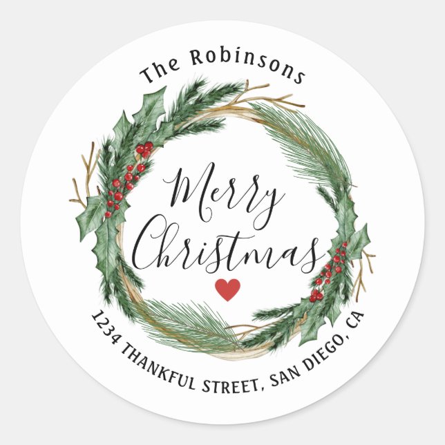 Merry Christmas Holly Wreath Return Address Labels (Front)