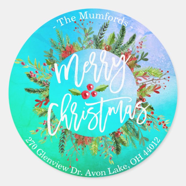 Merry Christmas Holly Wreath Return Address Labels (Front)