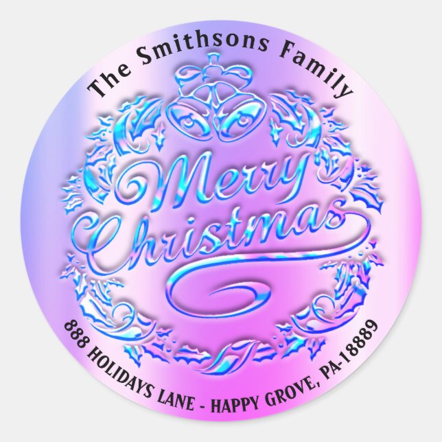 Merry Christmas Holly Wreath RSVP Bells Pink Blue Classic Round Sticker (Front)