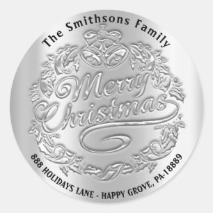 Merry Christmas Holly Wreath RSVP Bells Silver  Classic Round Sticker