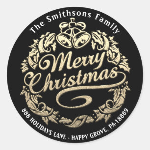 Merry Christmas Holly Wreath RSVP Gold Black White Classic Round Sticker