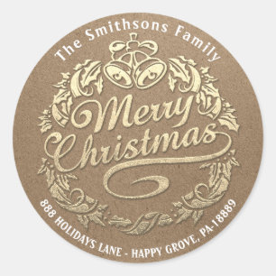 Merry Christmas Holly Wreath RSVP Gold Kraft Classic Round Sticker