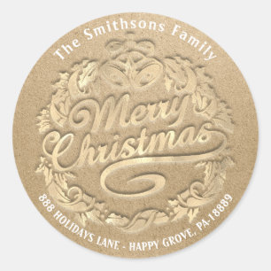 Merry Christmas Holly Wreath RSVP Gold Kraft  Classic Round Sticker