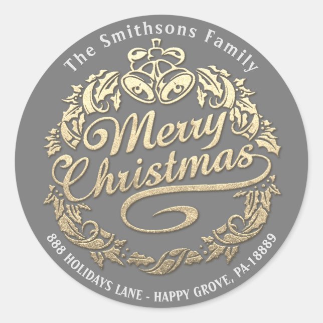 Merry Christmas Holly Wreath RSVP Gold Royal Grey Classic Round Sticker (Front)