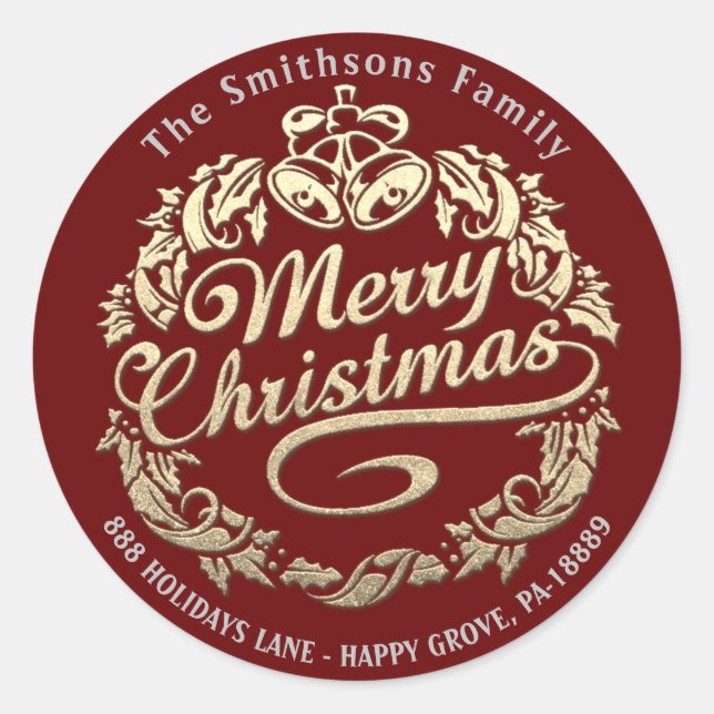 Merry Christmas Holly Wreath RSVP Gold Royal Red Classic Round Sticker (Front)