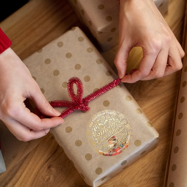 Merry Christmas Holly Wreath RSVP  Gold Santa  Classic Round Sticker (Merry Christmas Holly Wreath RSVP Gold Santa Classic Round Sticker)