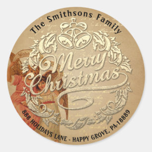 Merry Christmas Holly Wreath RSVP  Gold Vintage Classic Round Sticker