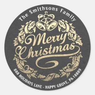 Merry Christmas Holly Wreath RSVP Grey Gold Kraft Classic Round Sticker