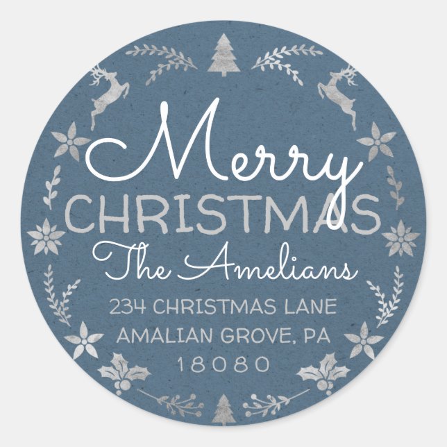 Merry Christmas Holly Wreath RSVP Kraft Blue Classic Round Sticker (Front)