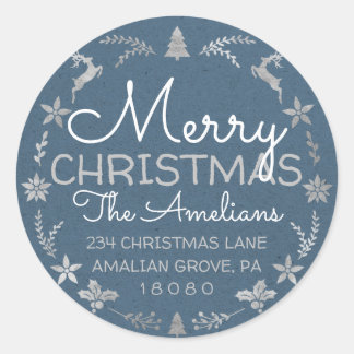 Merry Christmas Holly Wreath RSVP Kraft Blue Classic Round Sticker