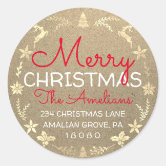 Merry Christmas Holly Wreath RSVP Kraft Gold Classic Round Sticker