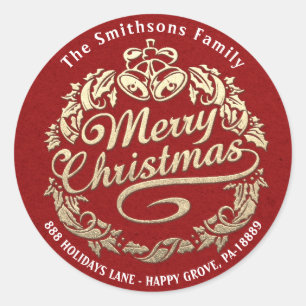 Merry Christmas Holly Wreath RSVP Red Gold Kraft C Classic Round Sticker