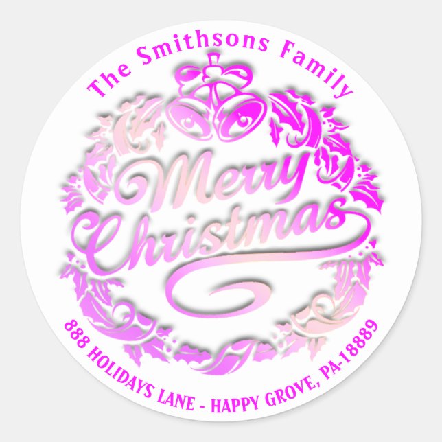 Merry Christmas Holly Wreath RSVP Royal Pink White Classic Round Sticker (Front)