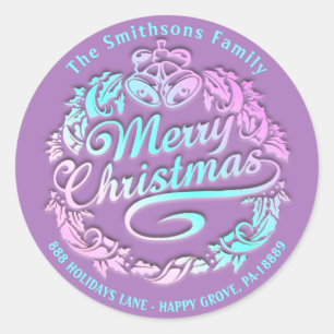 Merry Christmas Holly Wreath RSVP Royal Purple  Classic Round Sticker