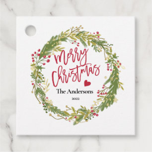 Merry Christmas Holly Wreath Rustic Typography  Favour Tags
