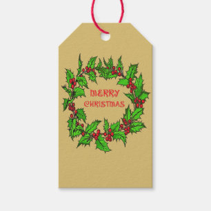 Merry Christmas Holly Wreath With Berries Gift Tags
