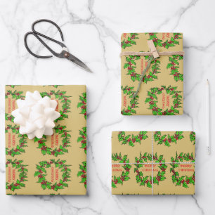 Merry Christmas Holly Wreath With Berries Wrapping Paper Sheet