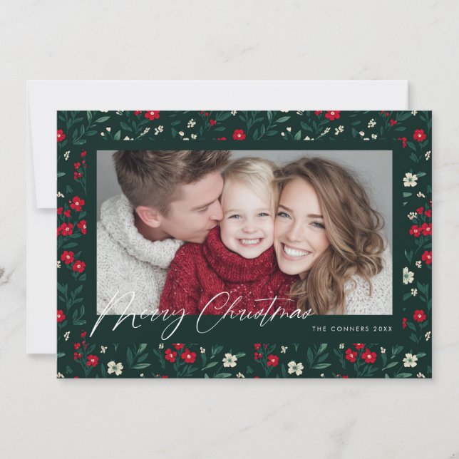 Merry Christmas Holy Berries Background Holiday Card (Front)
