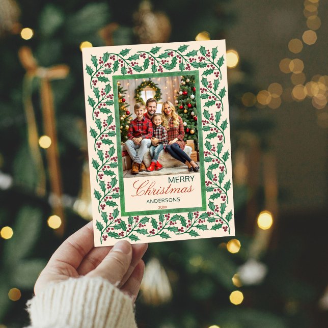 Merry Christmas holy berry photo frame Holiday Card (Merry Christmas holy berry one photo frame Holiday Card watercolor winter greenery photo cards)