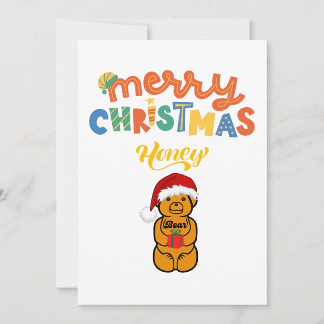 Merry Christmas Honey Bear cute bear and present Holiday Card (Front)