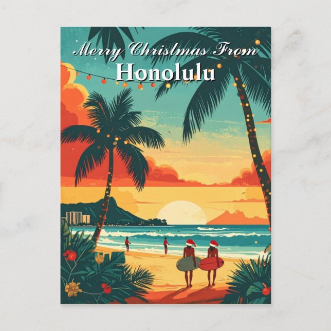 Merry Christmas Honolulu Tropical Beach Sunset Postcard (Front)