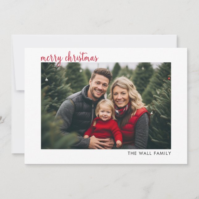 Merry Christmas Horizontal Photo Modern Script Red Holiday Card (Front)