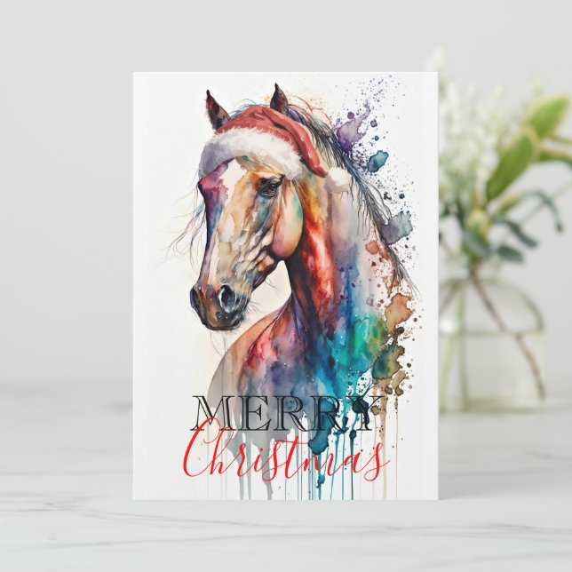 Merry Christmas Horse in Santa Hat Greeting Card (Standing Front)