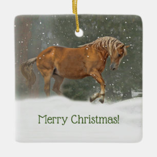Merry Christmas Horse in the Snow Ceramic Ornament