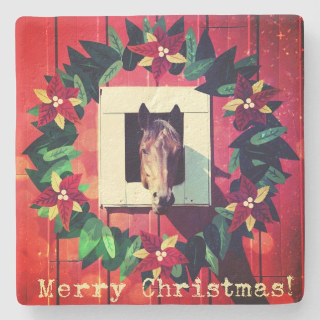 Merry Christmas Horse Red Barn Stone Coaster (Front)