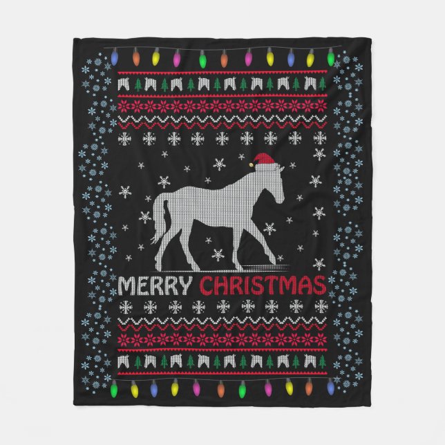 Merry Christmas Horse with Santa Hat   Fleece Blanket (Front)