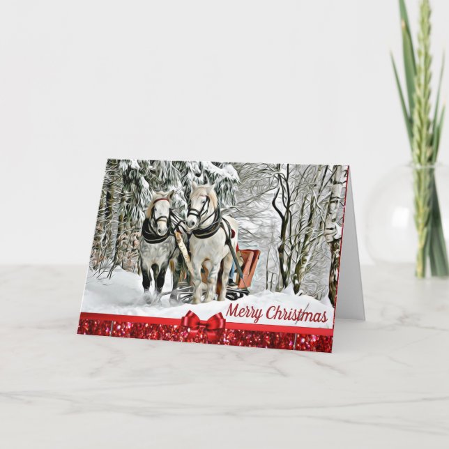 Merry Christmas Horses Pulling Sleigh Card (Front)